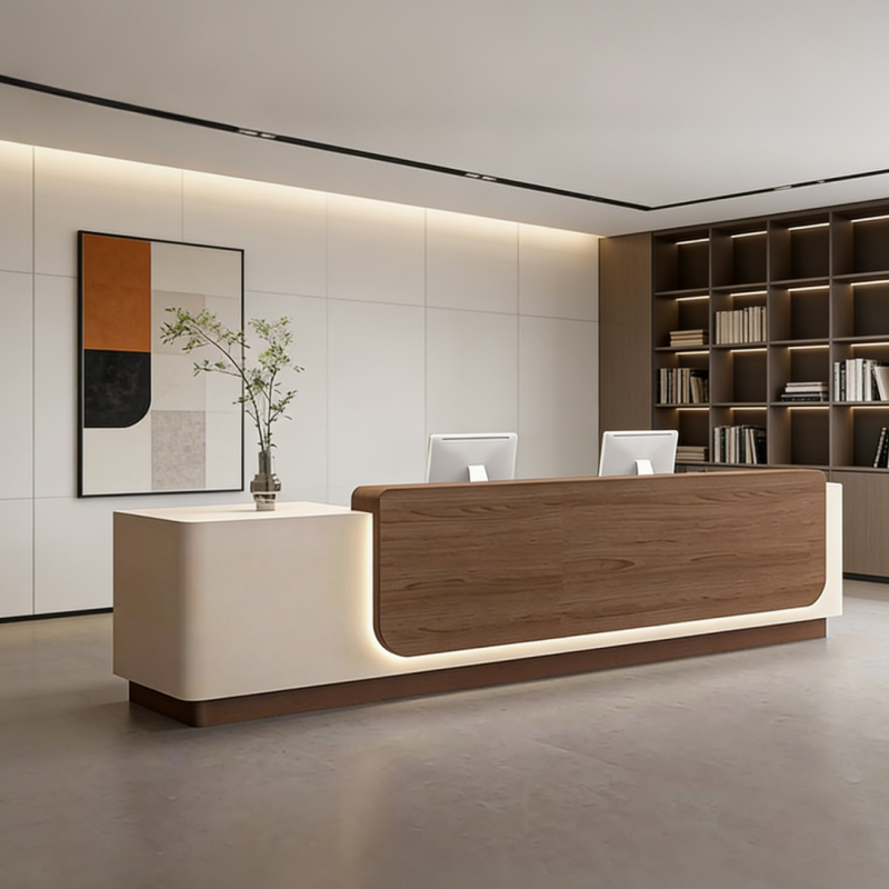 Contemporary Reception Desk with Backlit Timber Feature
