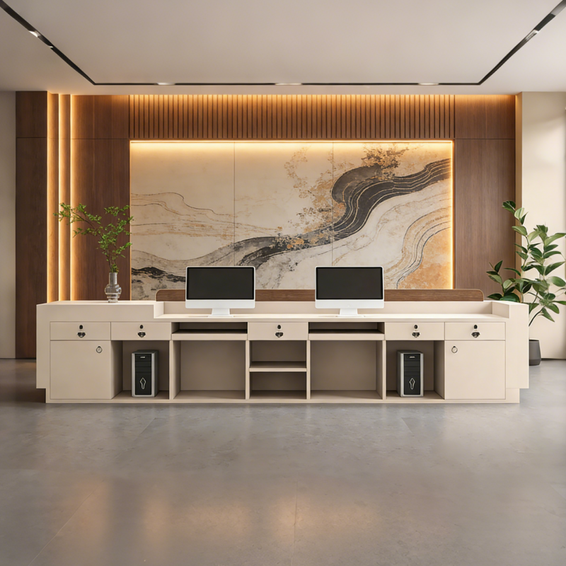 Contemporary Reception Desk with Backlit Timber Feature