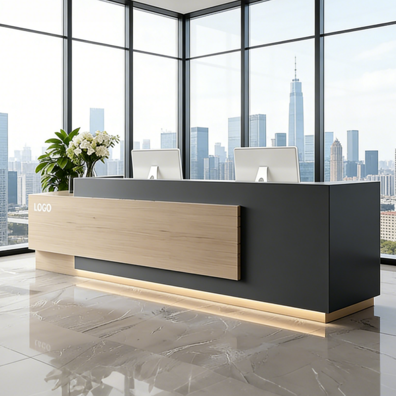 Corporate Reception Counter with Timber Inlay and LED Glow