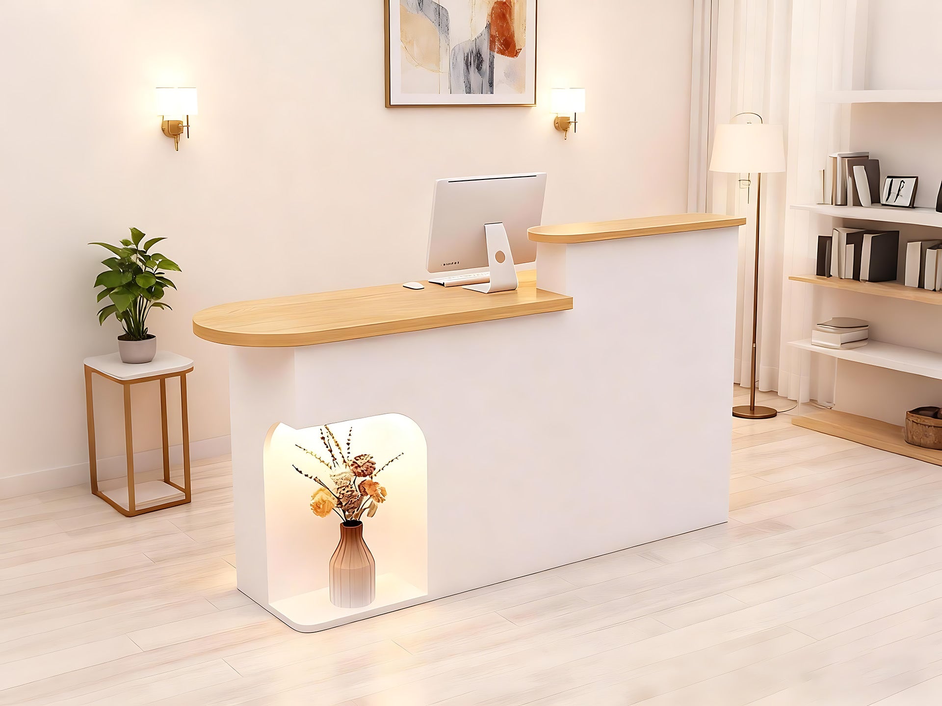 Modern Reception Desk with Soft-Lit Display Alcove