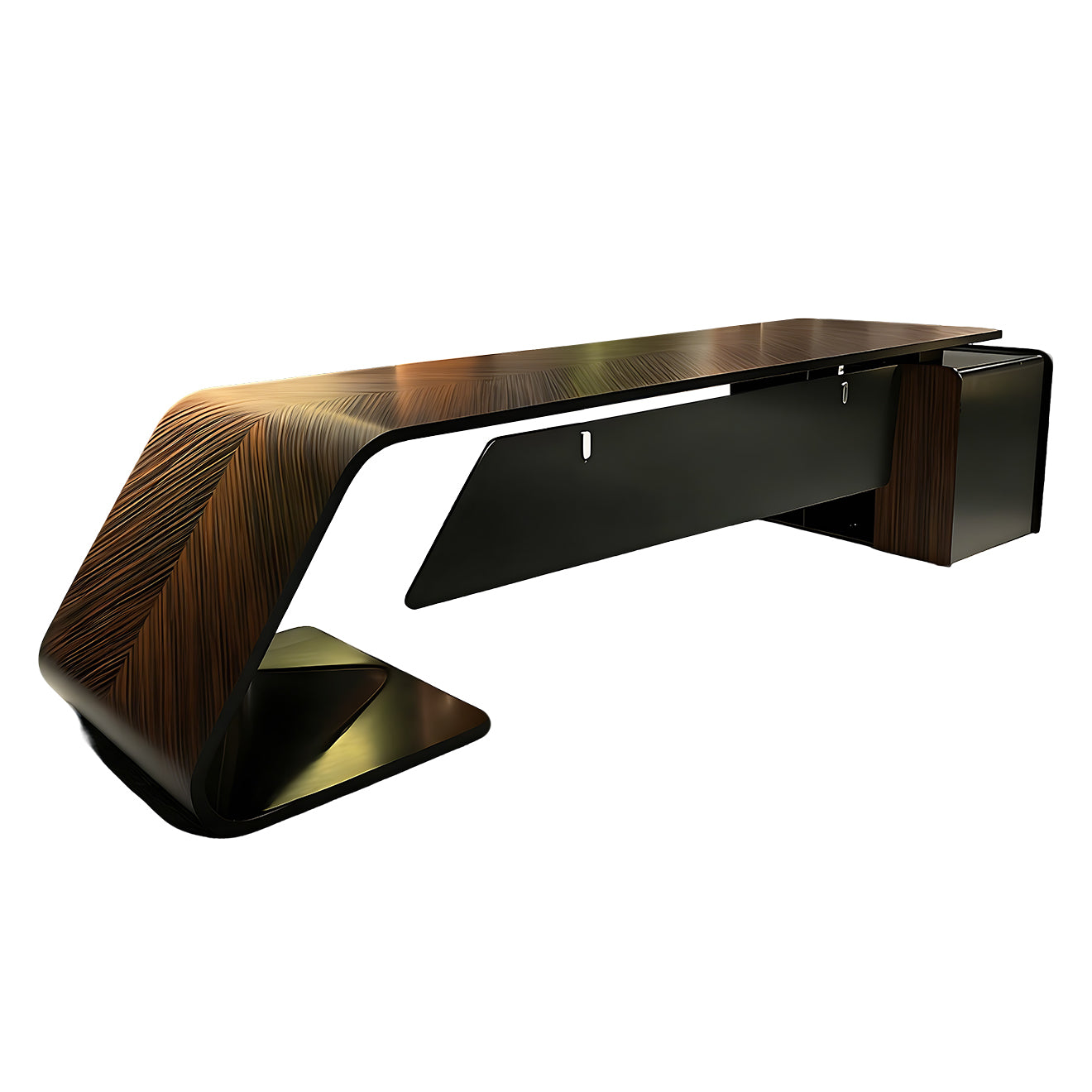 Premium Zebrawood Executive Desk with Modern Matte Black Base and Storage