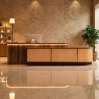 Premium Timber and Woven Rattan Reception Desk with Warm Glow Lighting