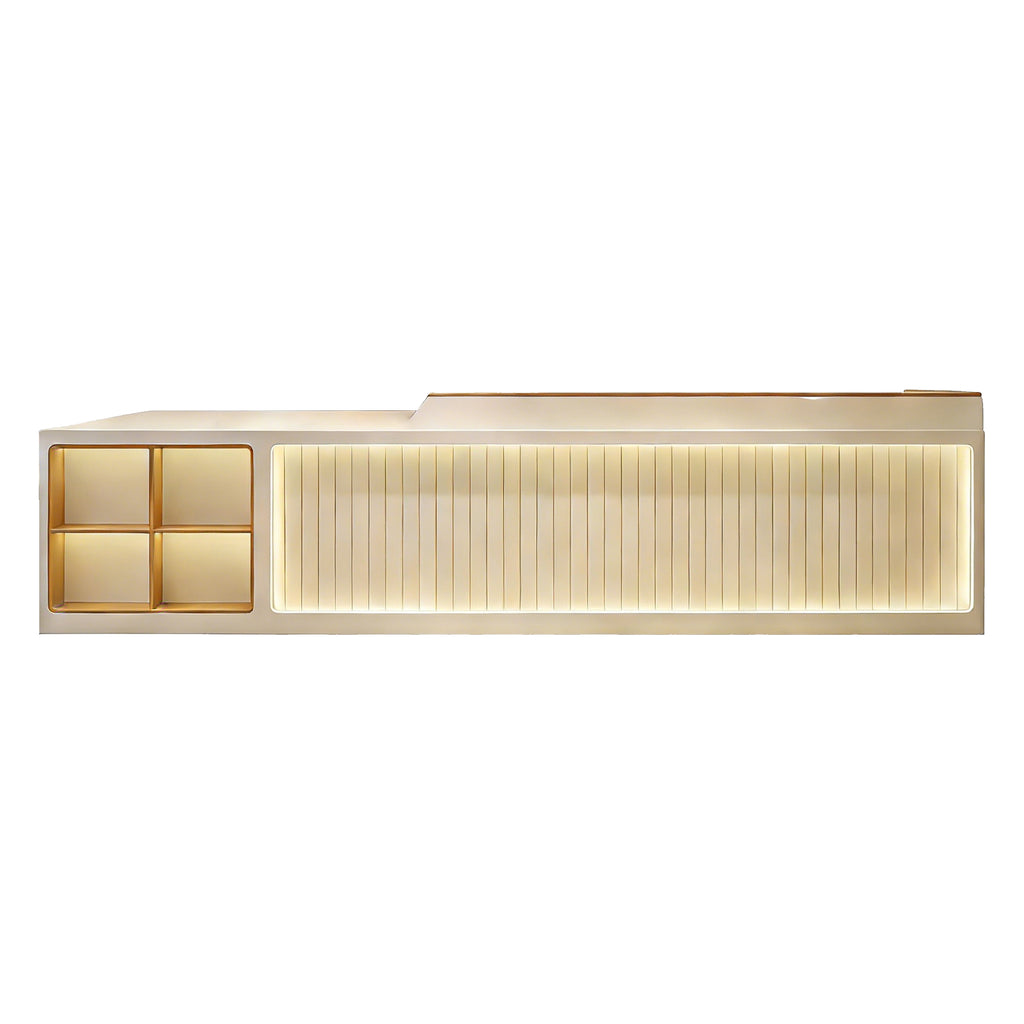 Stylish Lit Café Counter with Storage Shelves for Modern Hospitality Workspaces