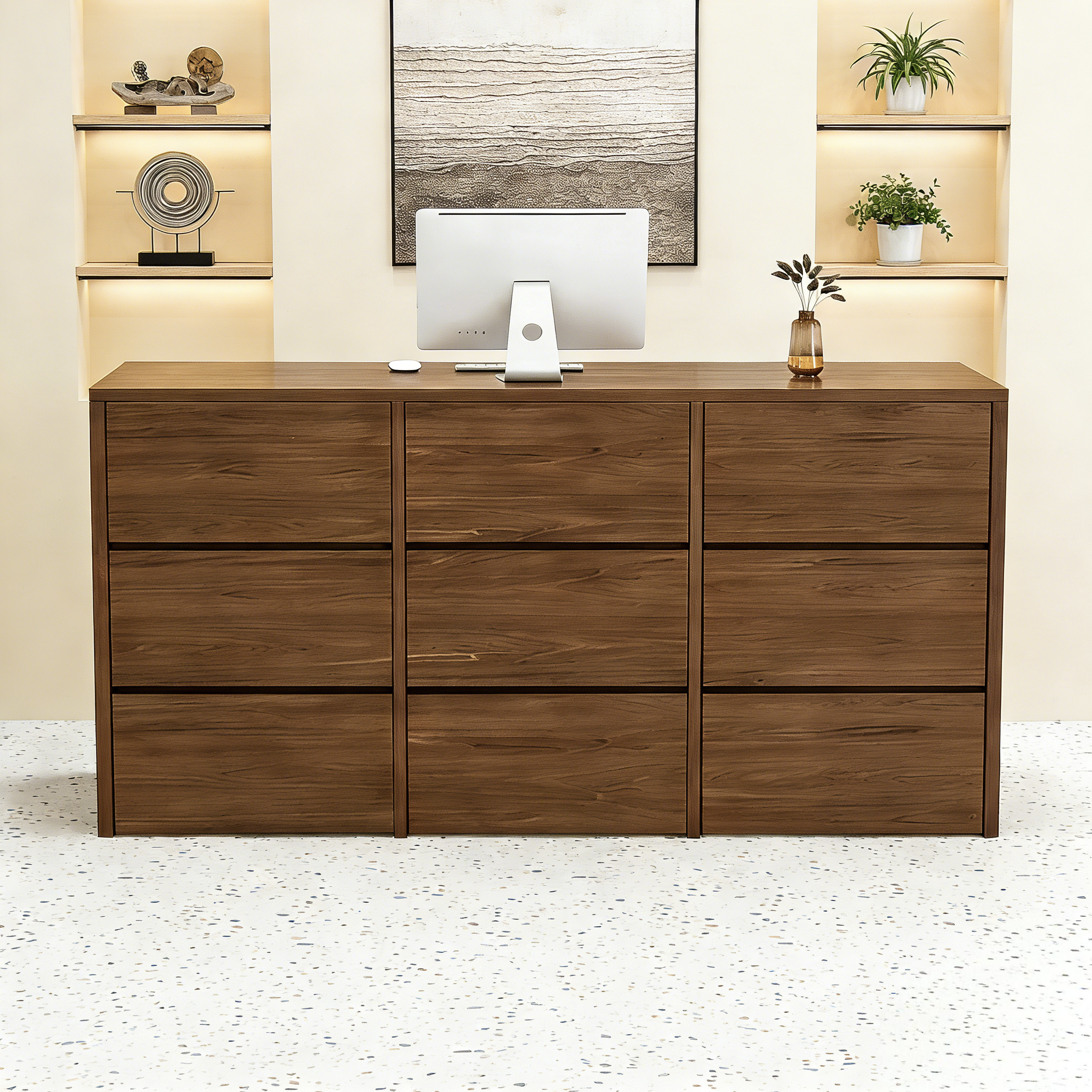 Walnut Boutique Reception Counter with Deep Drawers