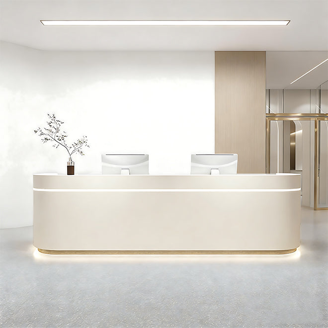 Modern Curved Reception Desk With Soft LED Glow And Dual Workstations