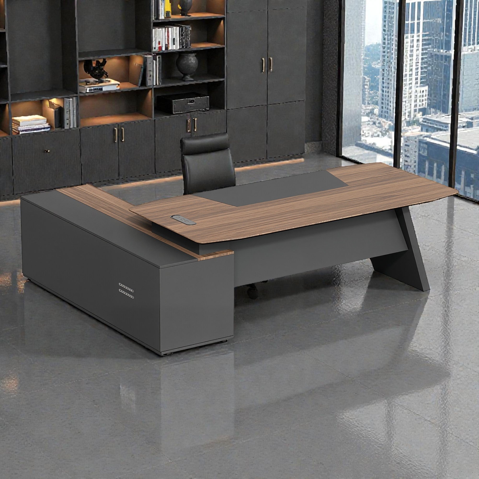 Premium Walnut Executive Desk with Integrated Storage and Modern Angled Base