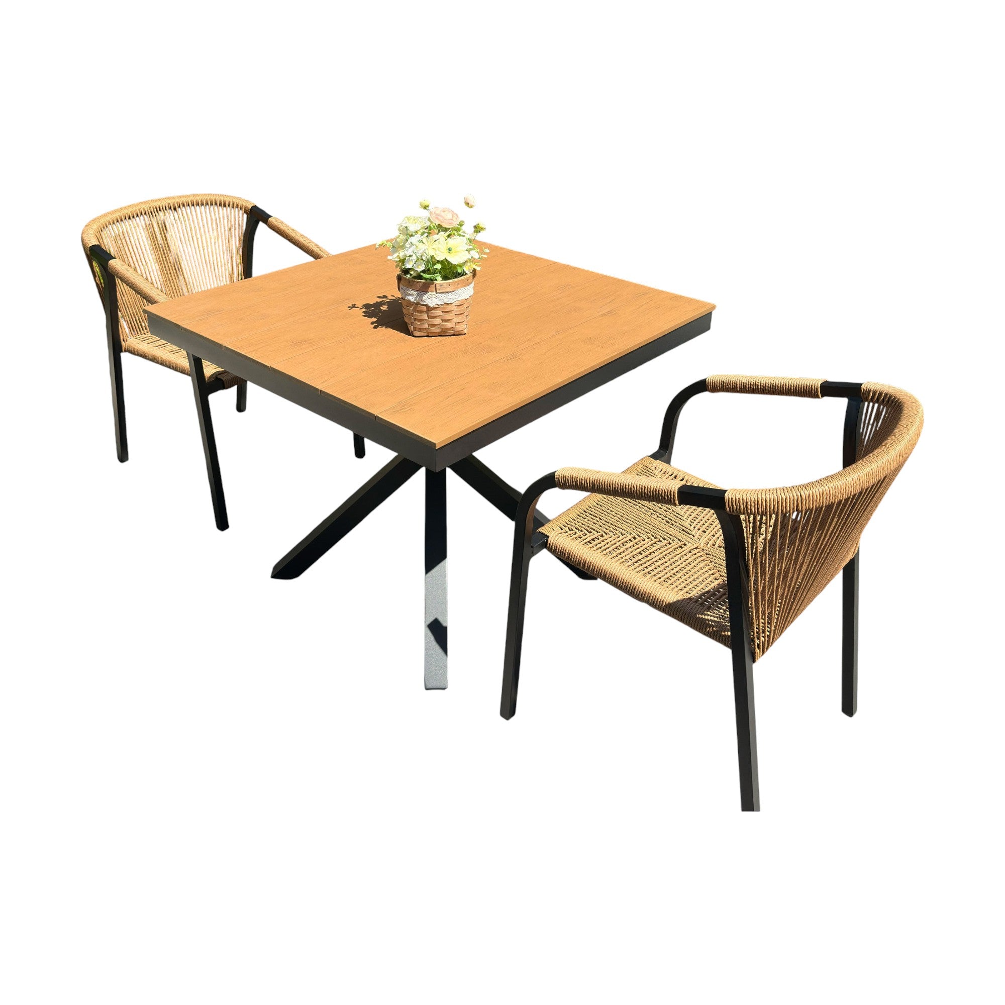 Outdoor Rope-Weave Dining Set With Timber-Look Table