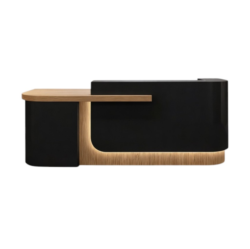 Modern Curved Reception Desk with Return Counter and Timber-Look Side Panel