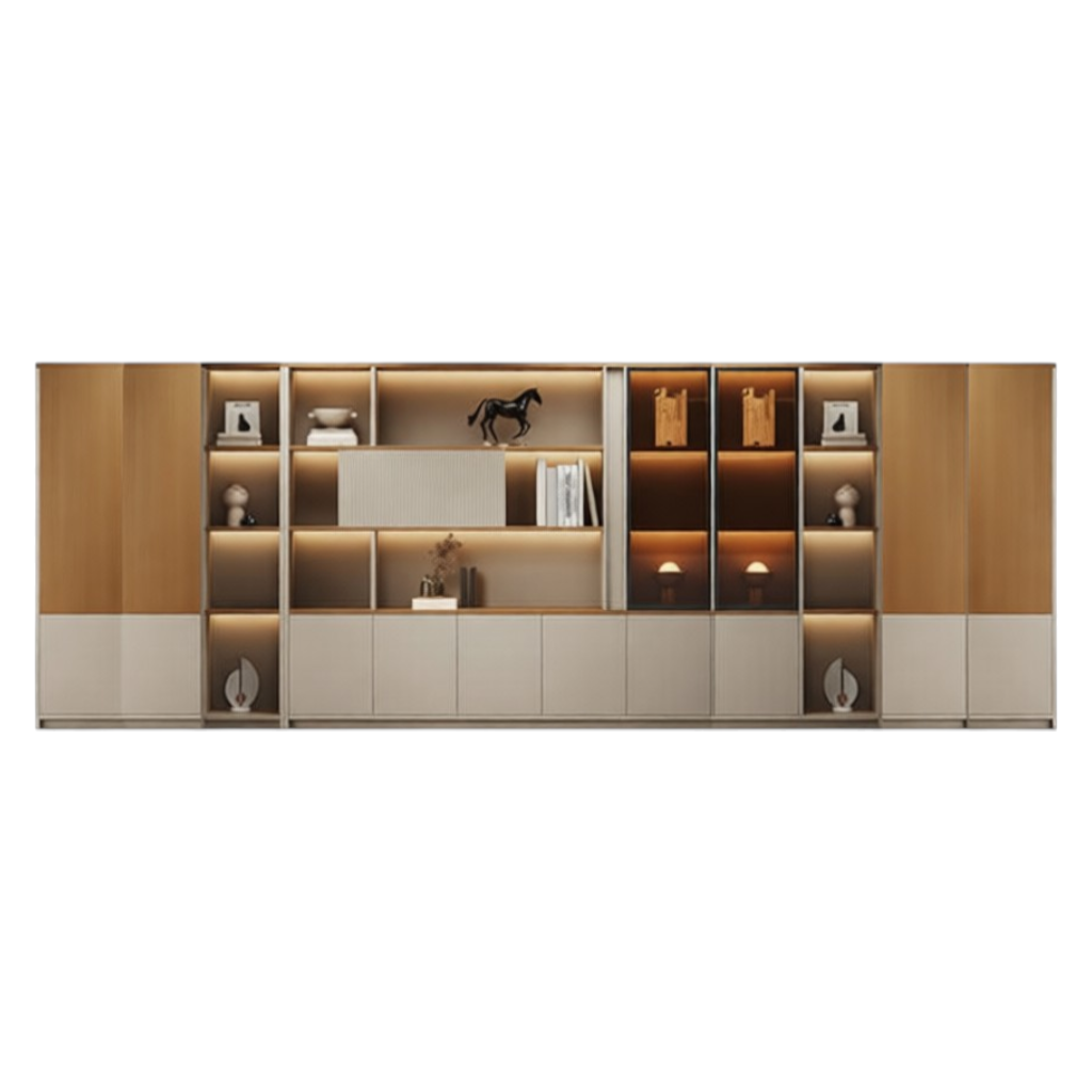 Modern Executive Office Storage Cabinet with Open Shelves and LED Display Lighting