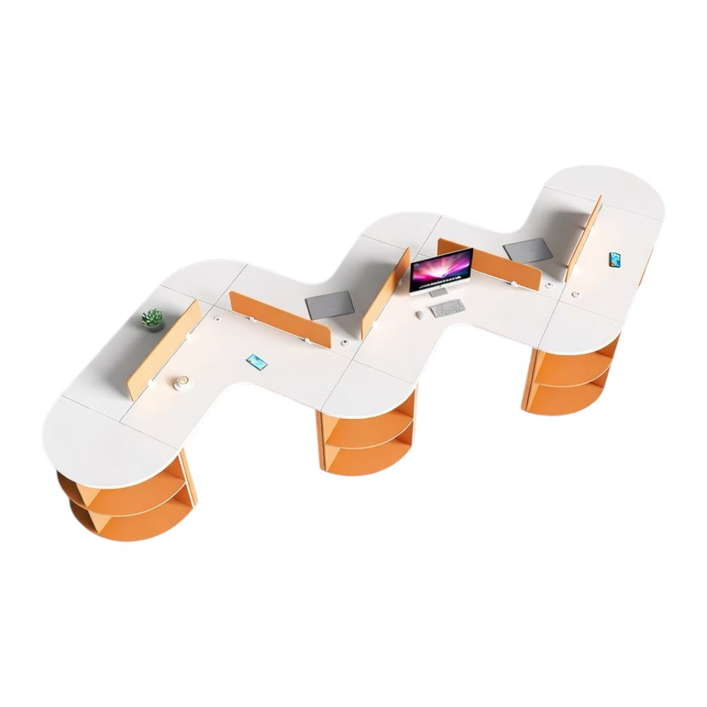 Curved Multi-Person Office Workstation with Divider Panels and Integrated Storage Shelving