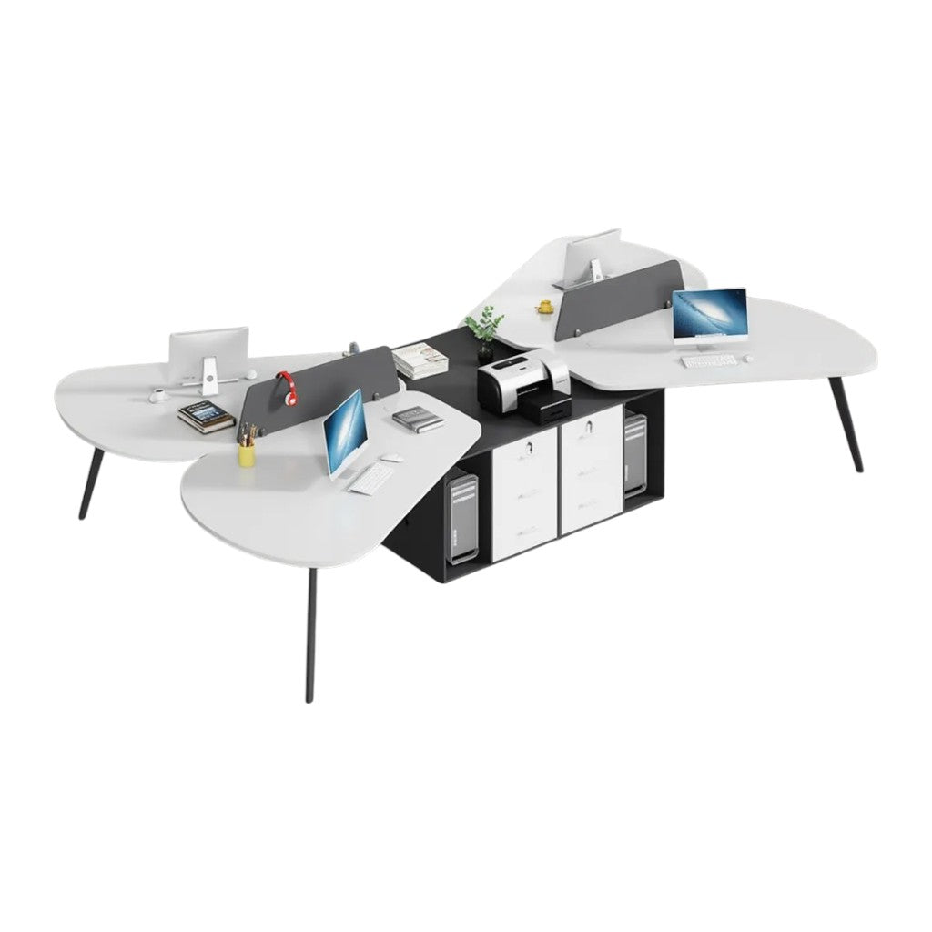 Modern Butterfly-Shaped Office Workstation Desk with Central Storage and Privacy Divider Screen