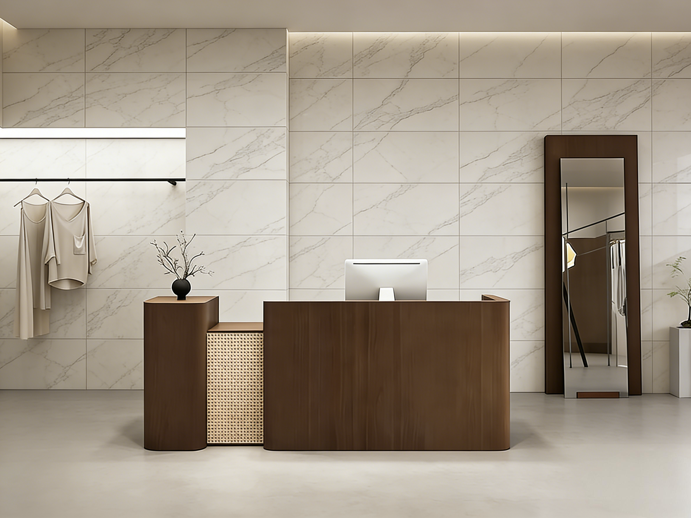 Modern Timber Reception Counter with Rattan Front Panel – Relvox Furniture