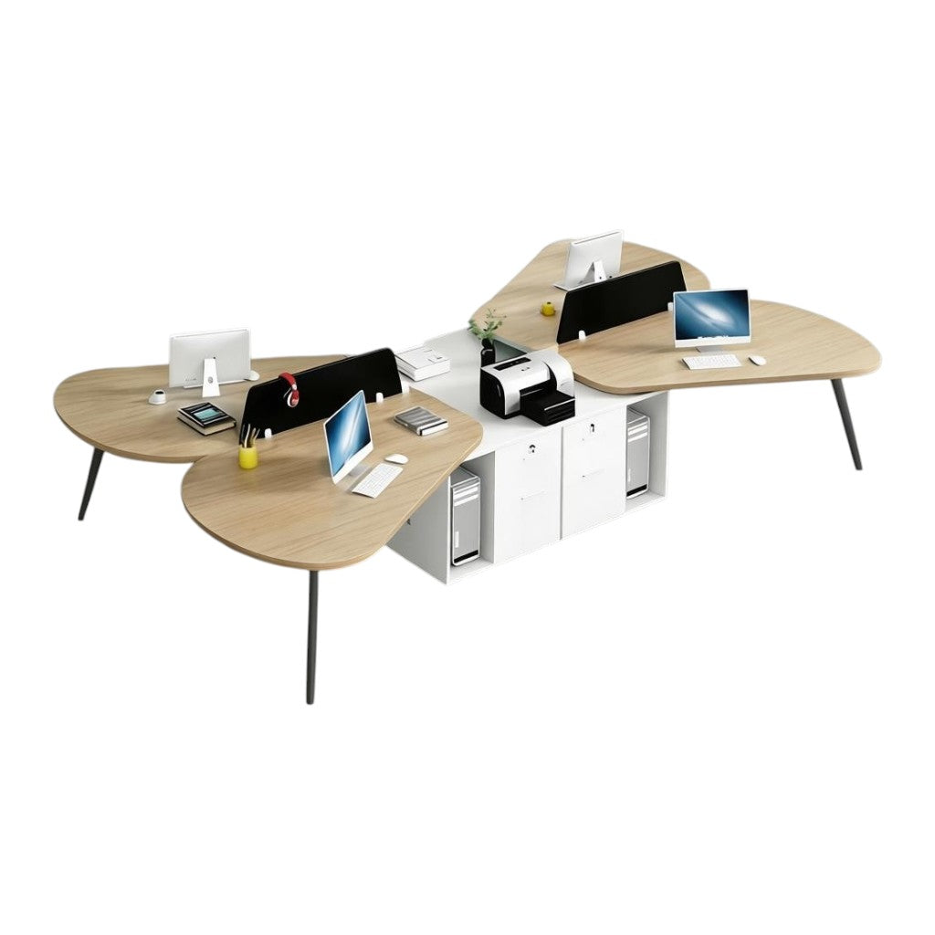 Modern Butterfly-Shaped Office Workstation Desk with Central Storage and Privacy Divider Screen