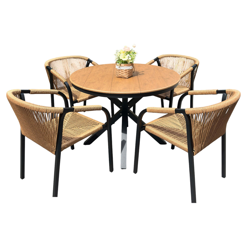 Outdoor Rope-Weave Dining Set With Timber-Look Table