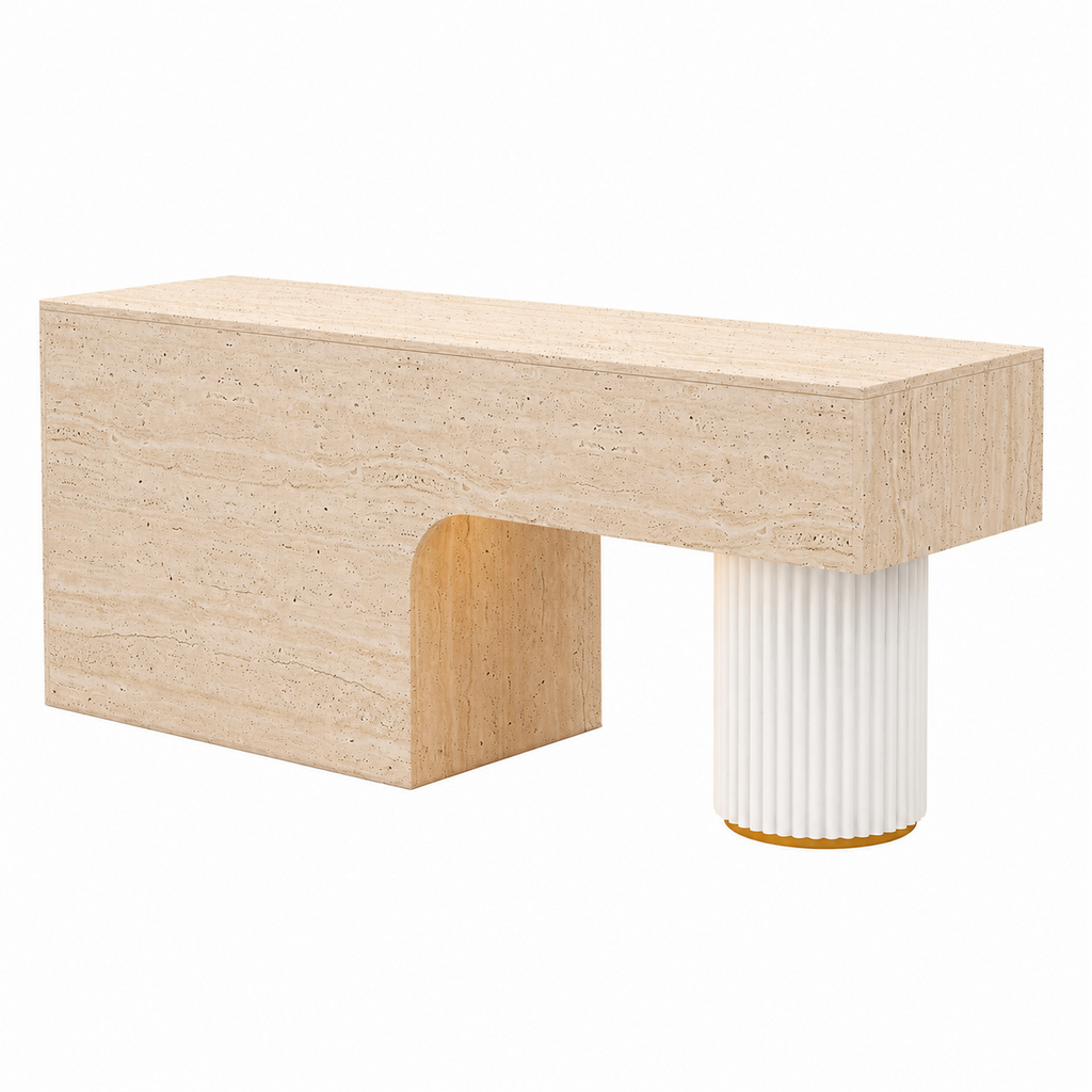 Travertine-Look Reception Desk with Fluted Column and LED Accent