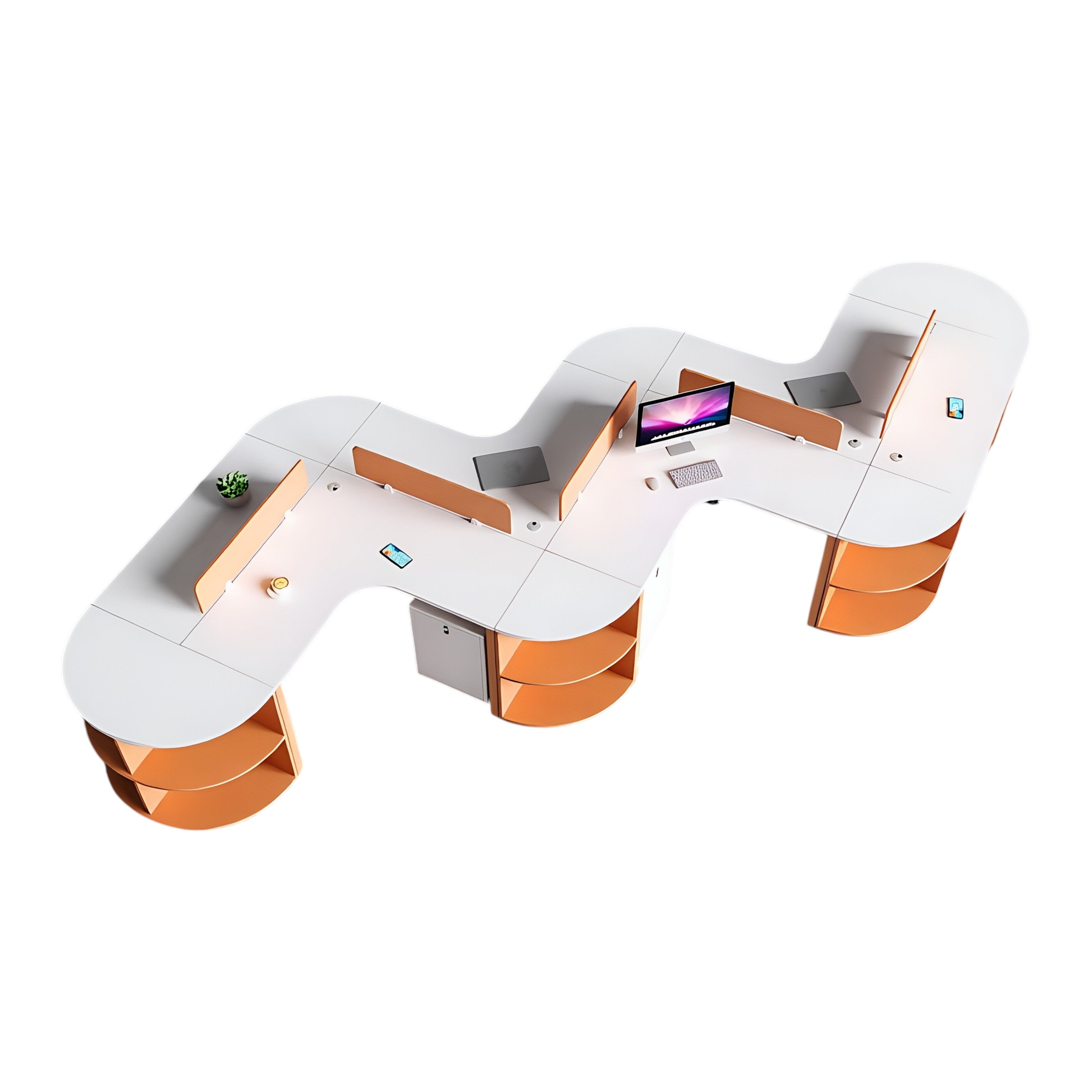 Curved Multi-Person Office Workstation with Divider Panels and Integrated Storage Shelving