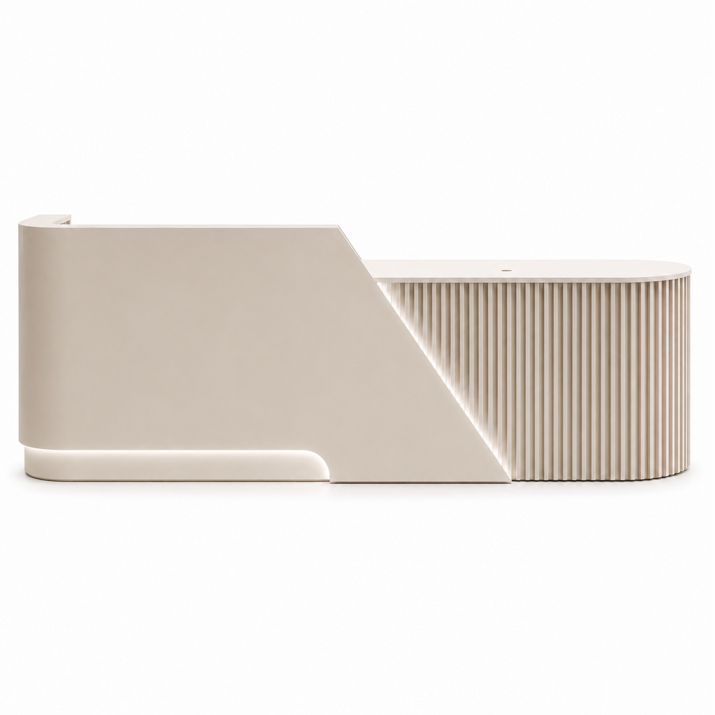 Modern Curved Reception Desk with Fluted Front and LED Base