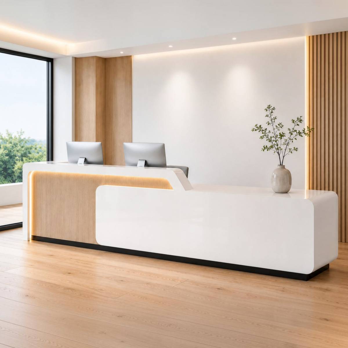 Curved White and Oak LED Reception Counter