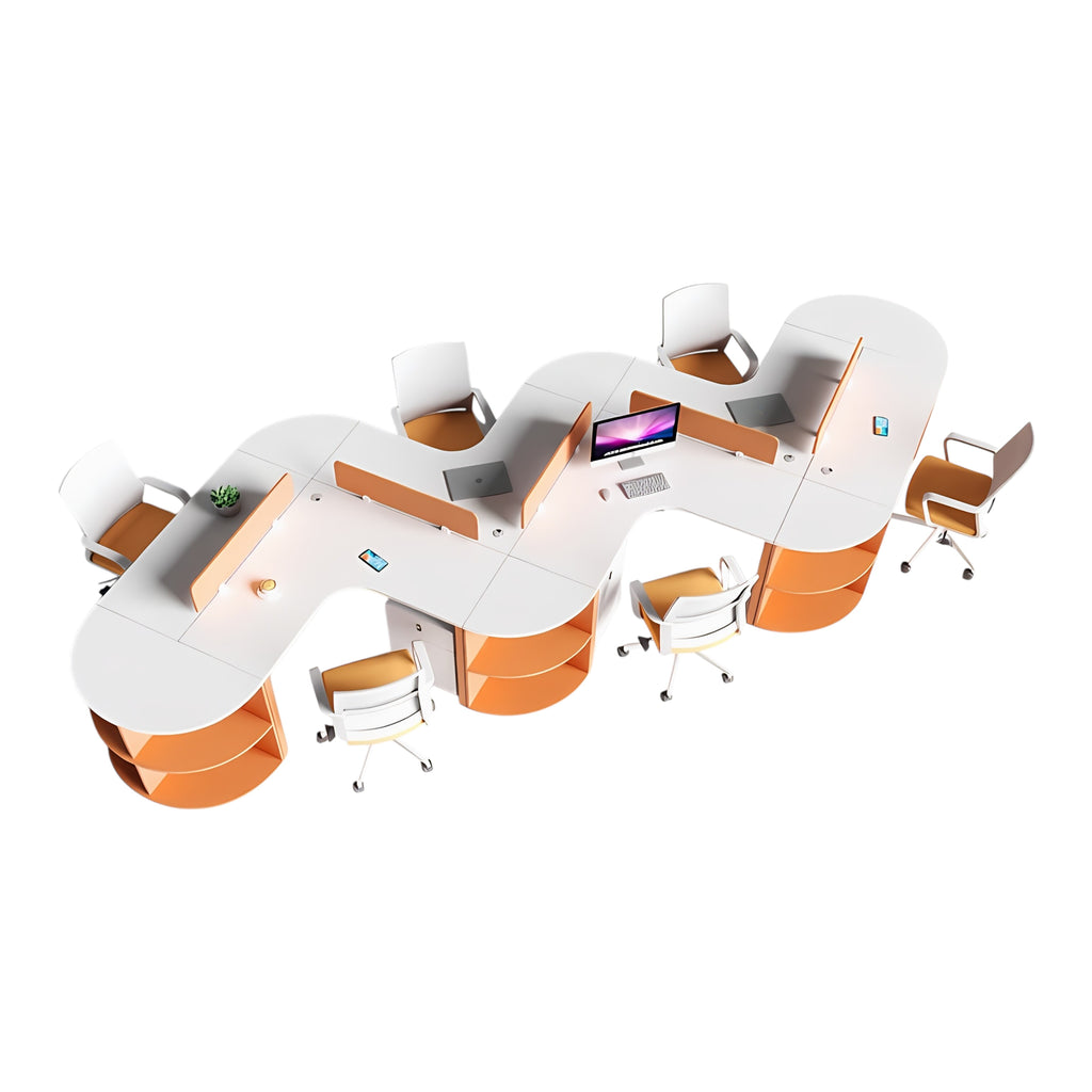 Curved Multi-Person Office Workstation with Divider Panels and Integrated Storage Shelving