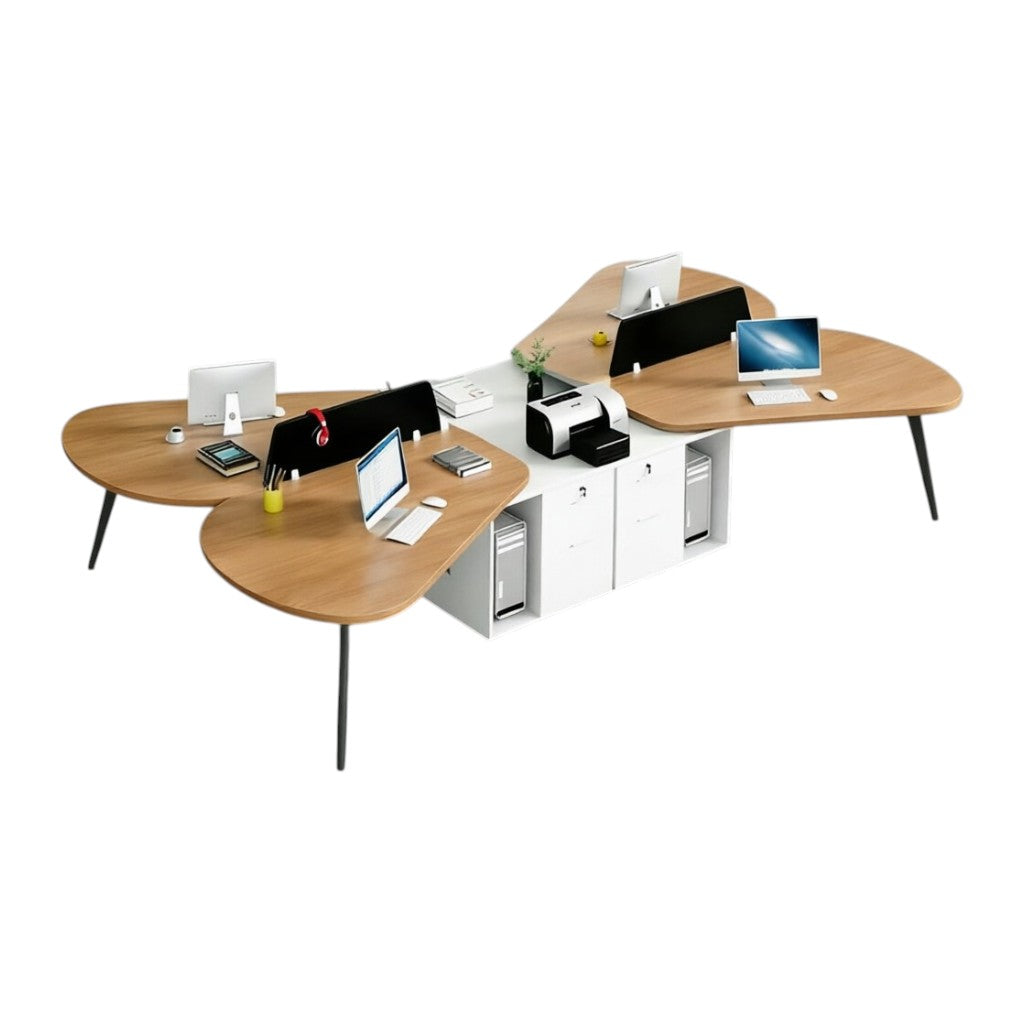 Modern Butterfly-Shaped Office Workstation Desk with Central Storage and Privacy Divider Screen