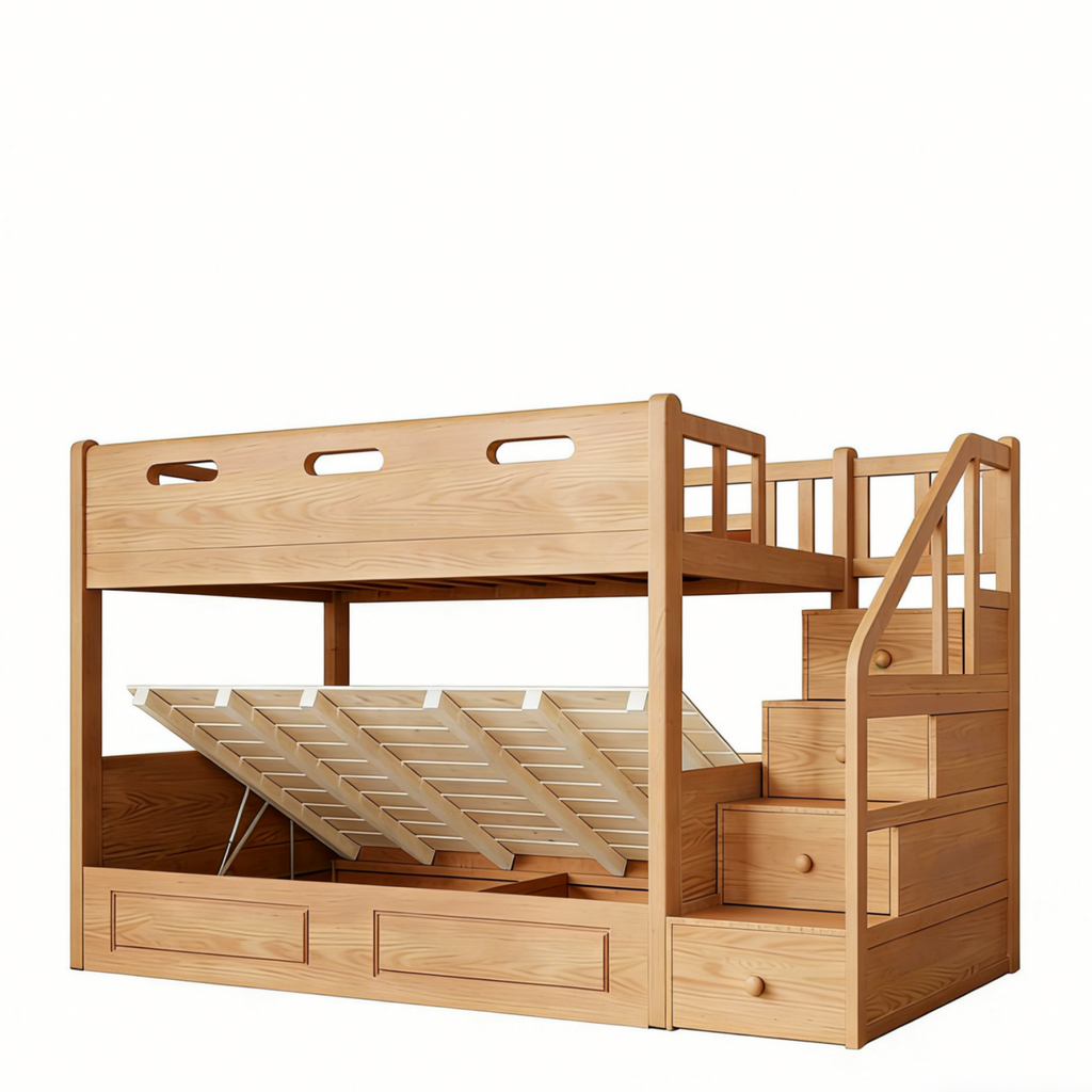 Space-Saving Timber Bunk Bed with Drawers and Stairs