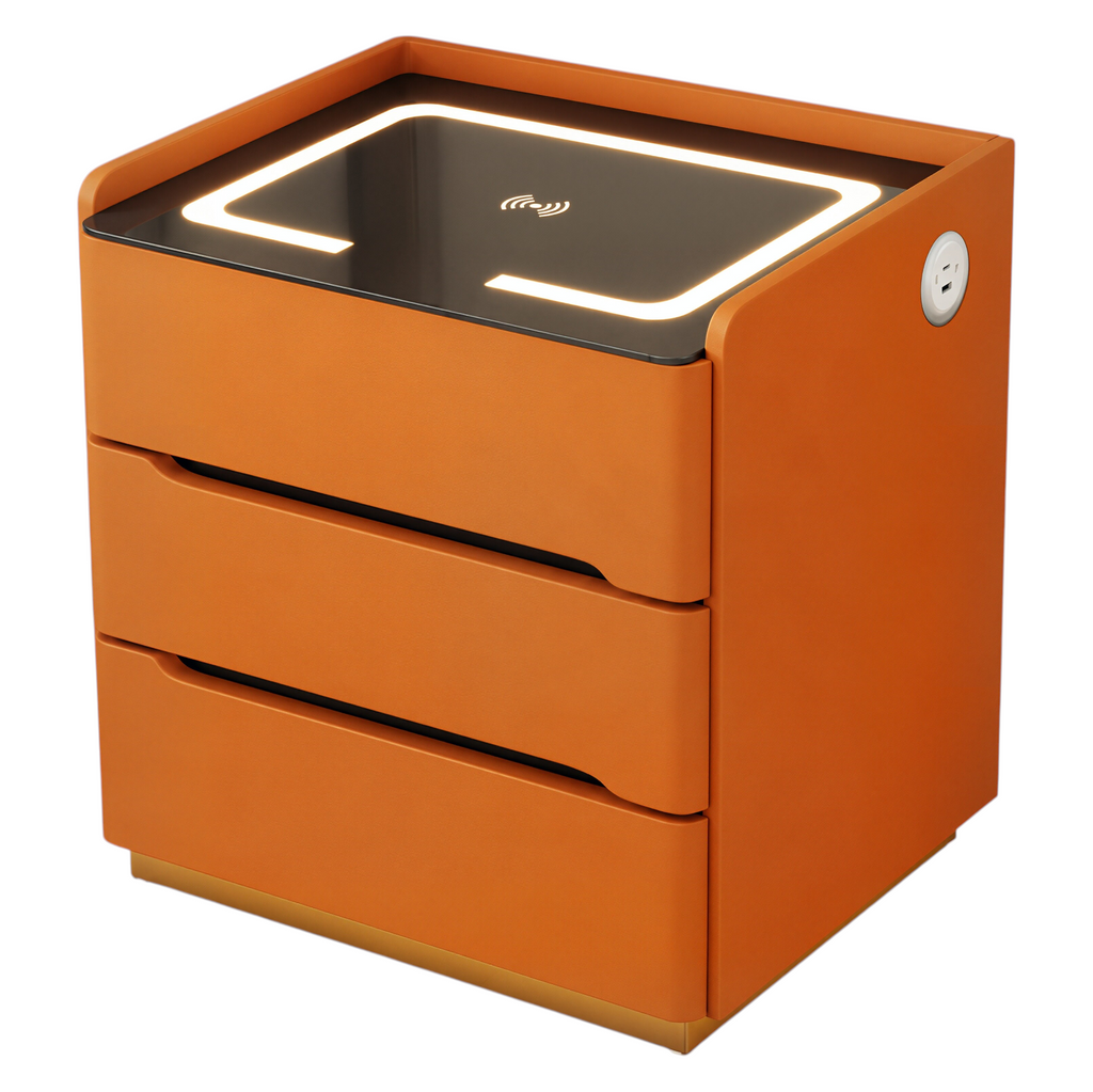 Smart Bedside Table with Wireless Charging and LED Light