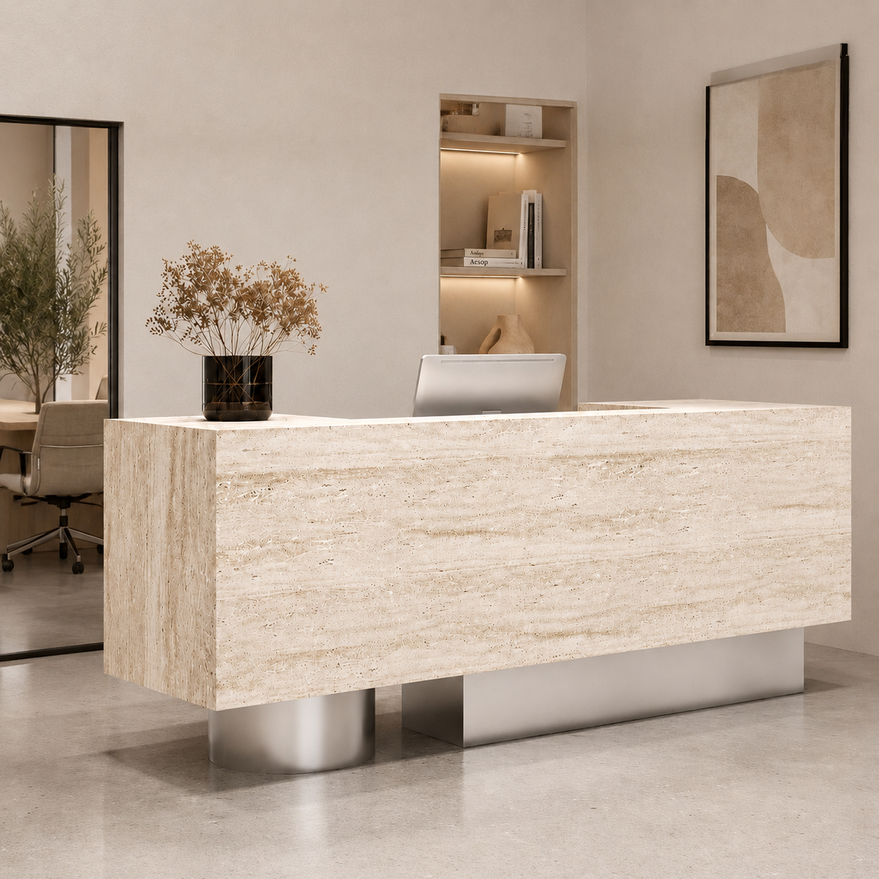 Luxury Travertine-Look Reception Counter with Modern Curved Design
