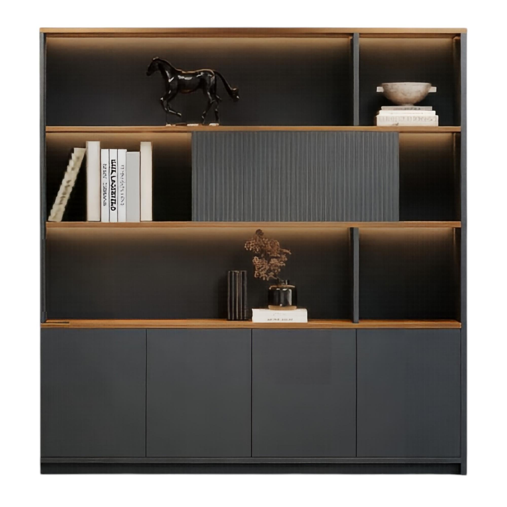 Modern Executive Office Storage Cabinet with Open Shelves and LED Display Lighting