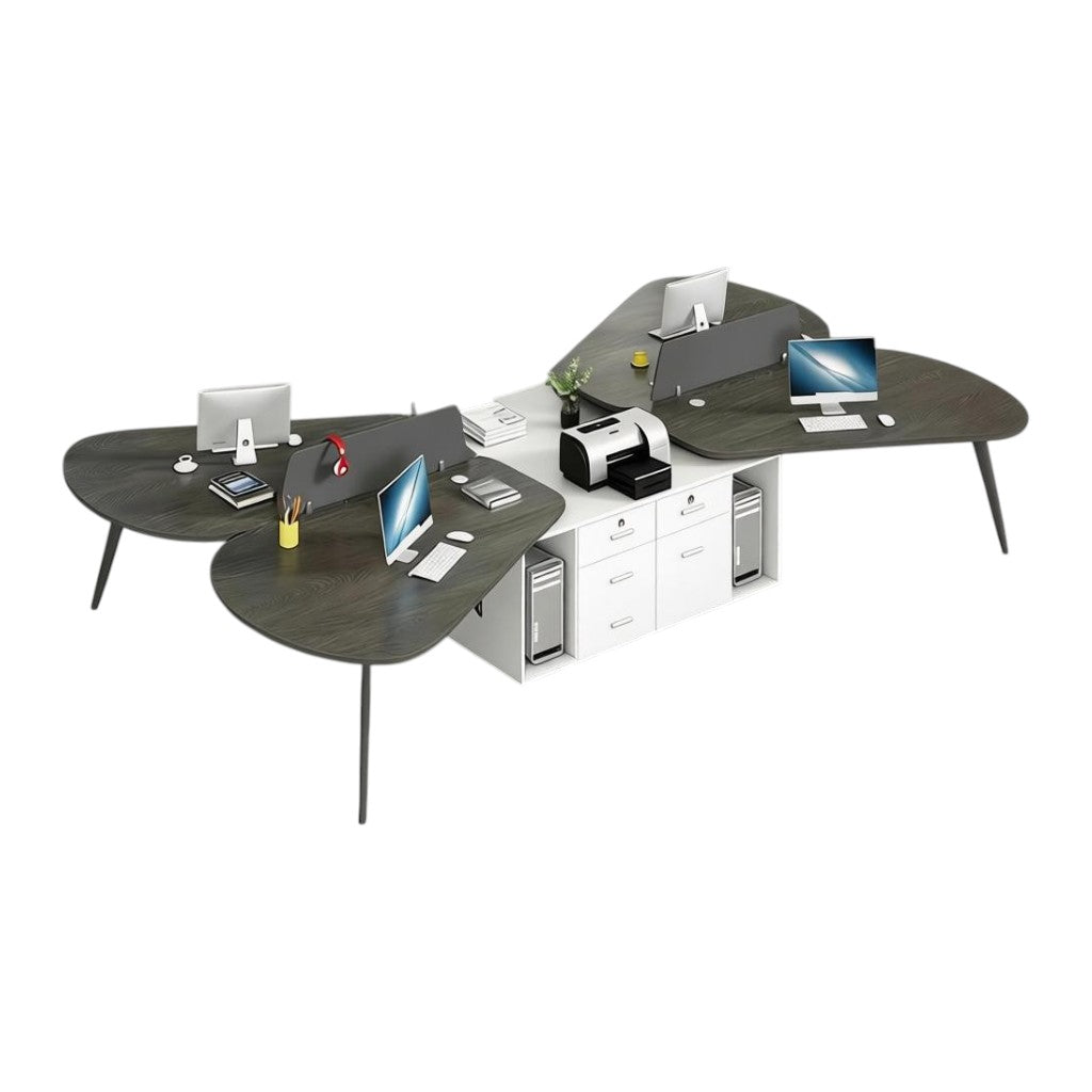 Modern Butterfly-Shaped Office Workstation Desk with Central Storage and Privacy Divider Screen