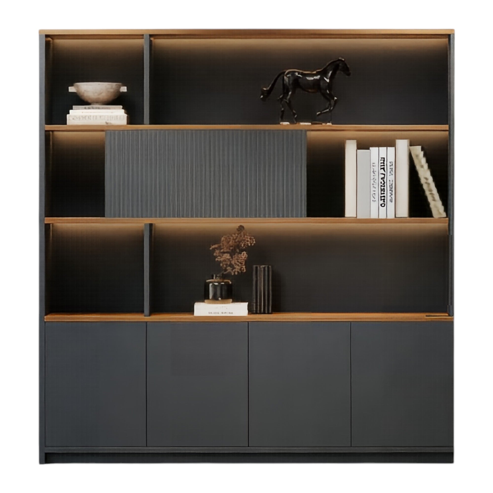 Modern Executive Office Storage Cabinet with Open Shelves and LED Display Lighting