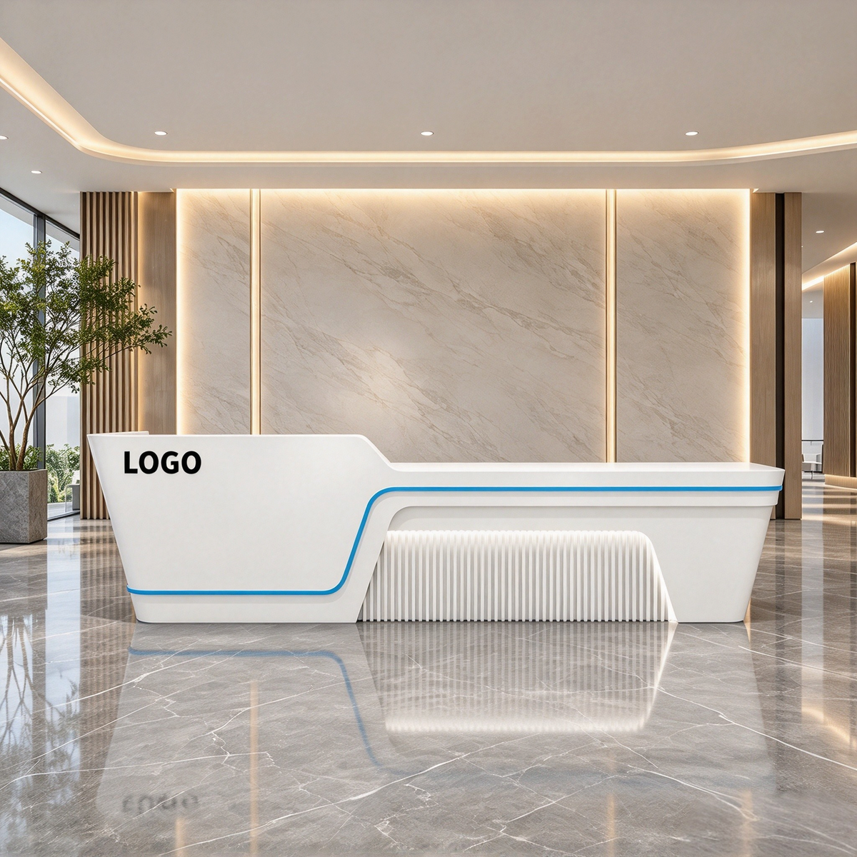 Modern Reception Desk With Textured Fluted Panels And Built-In Ambient Light Strips