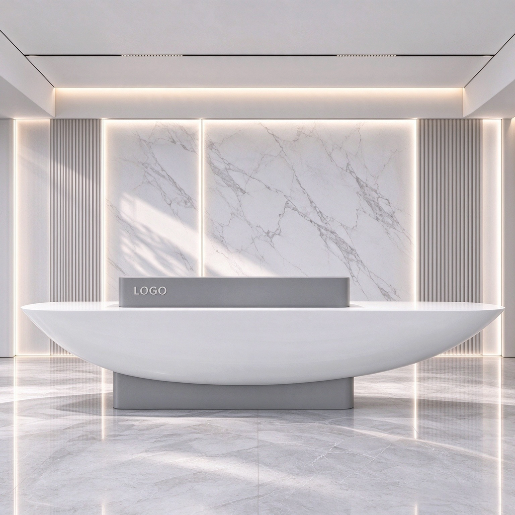 Modern Reception Desk With Curved Edges And Glossy Surface