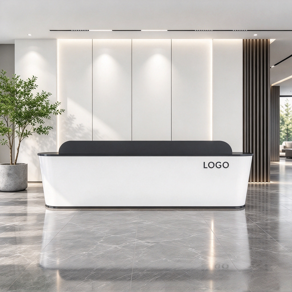 Modern Curved Reception Counter With Bespoke Branding For Business Spaces