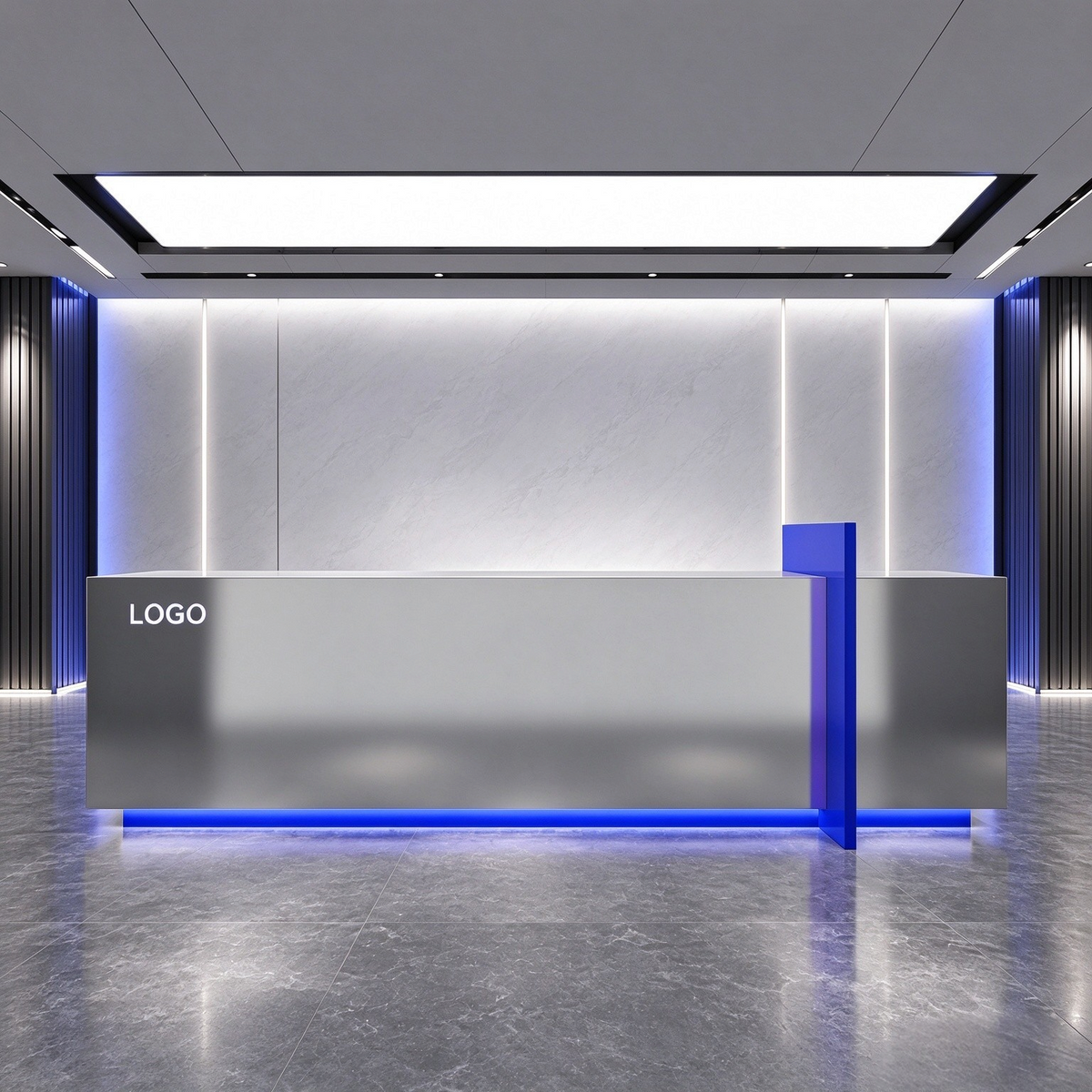 Modern Stainless Steel Reception Desk With Lit Custom Logo Panel