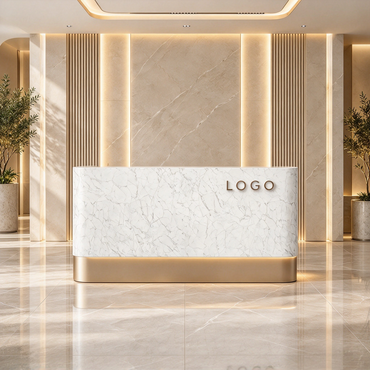 Modern Reception Counter Featuring Curved Safe Corners And Custom Brand Mark
