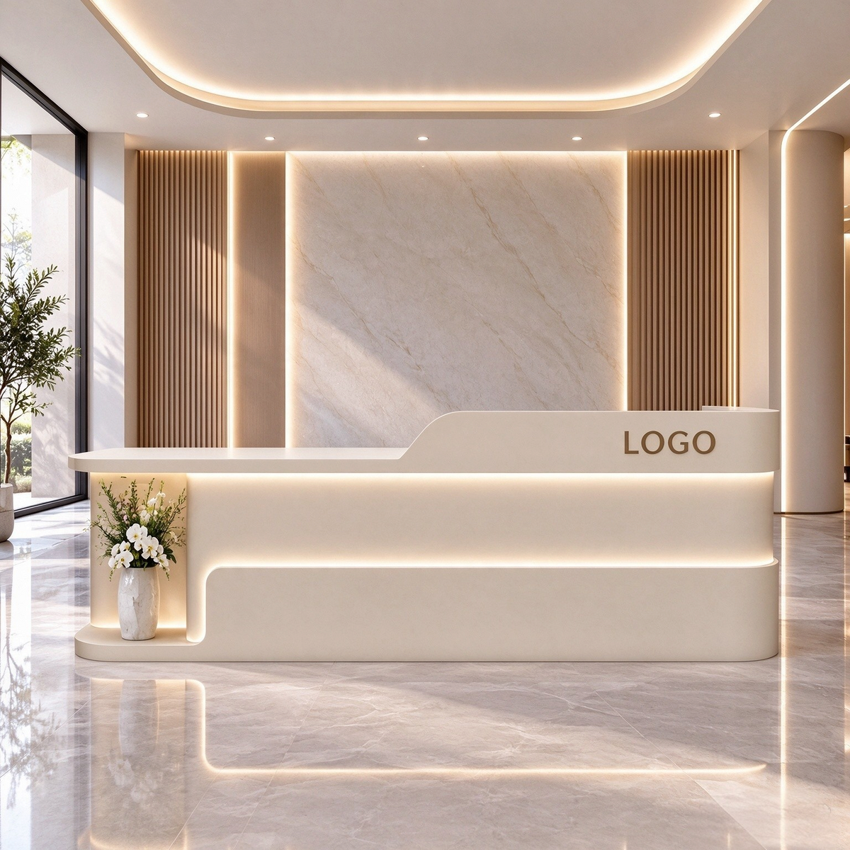 Modern Dual Level Reception Desk With Smooth High Gloss Lacquer Surface