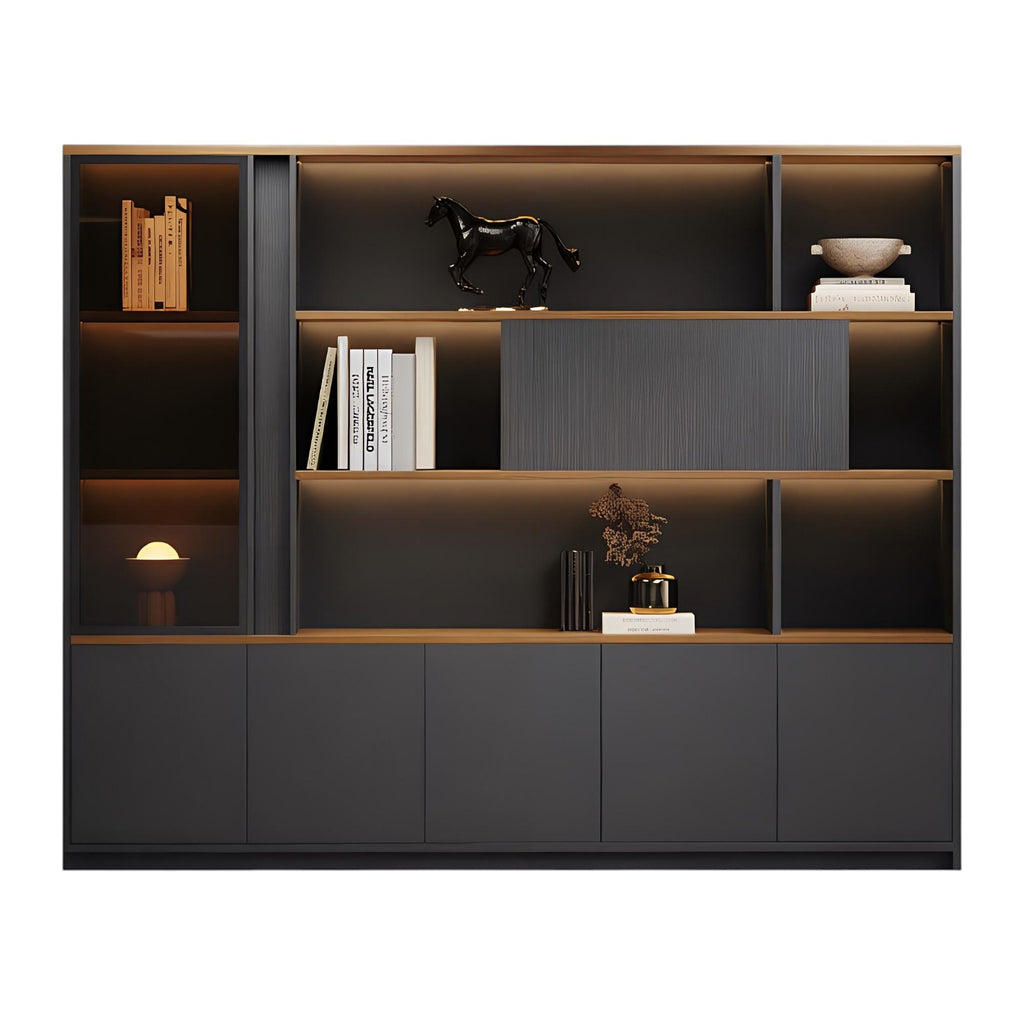 Modern Executive Office Storage Cabinet with Open Shelves and LED Display Lighting