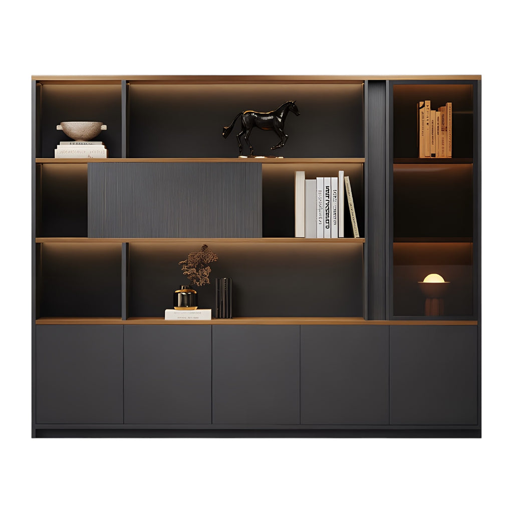 Modern Executive Office Storage Cabinet with Open Shelves and LED Display Lighting