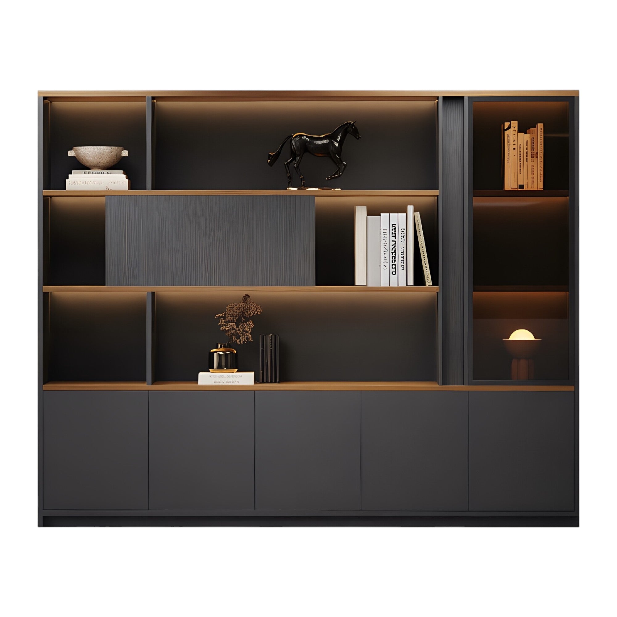 Modern Executive Office Storage Cabinet with Open Shelves and LED Display Lighting