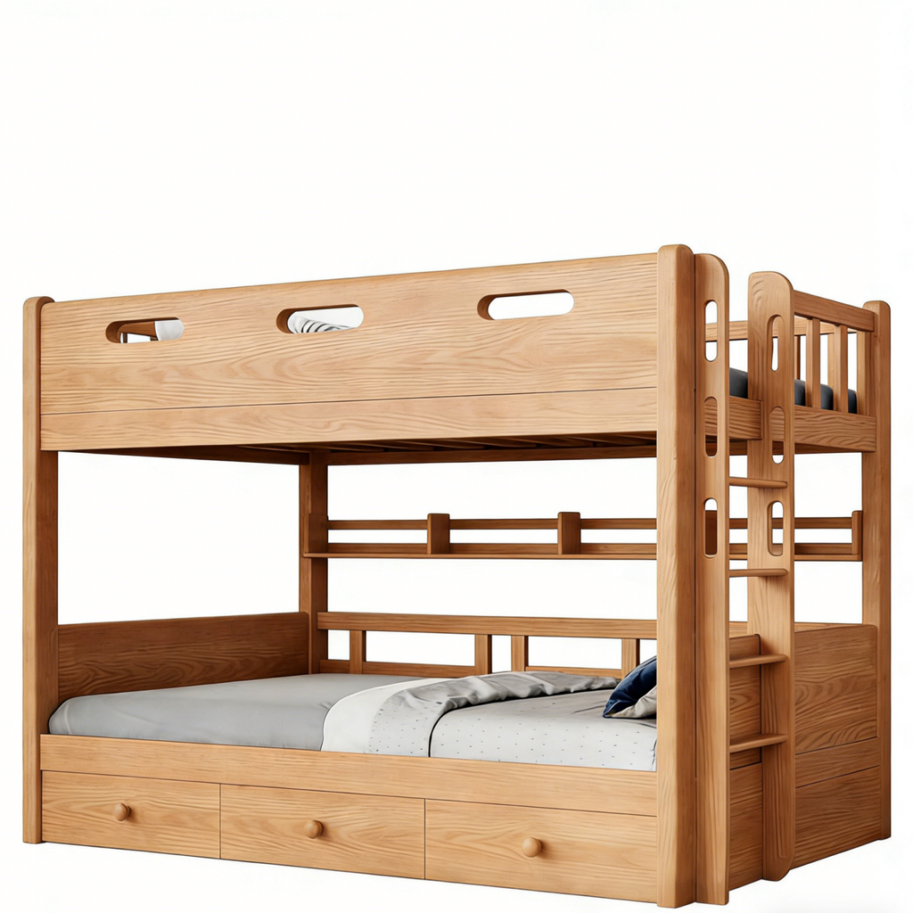 Space-Saving Timber Bunk Bed with Drawers and Stairs