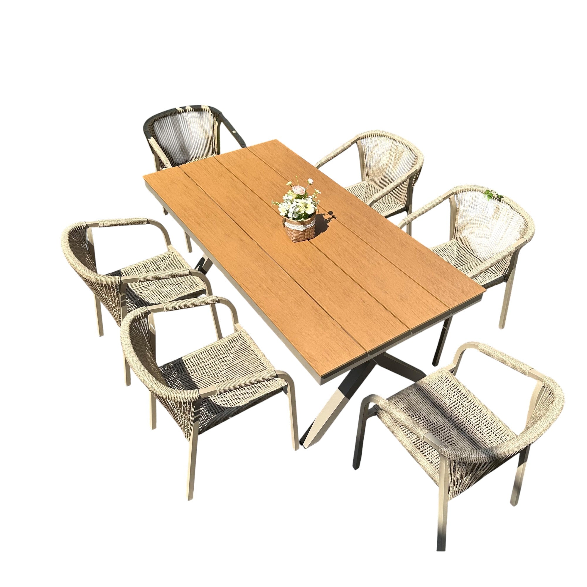 Outdoor Rope-Weave Dining Set With Timber-Look Table
