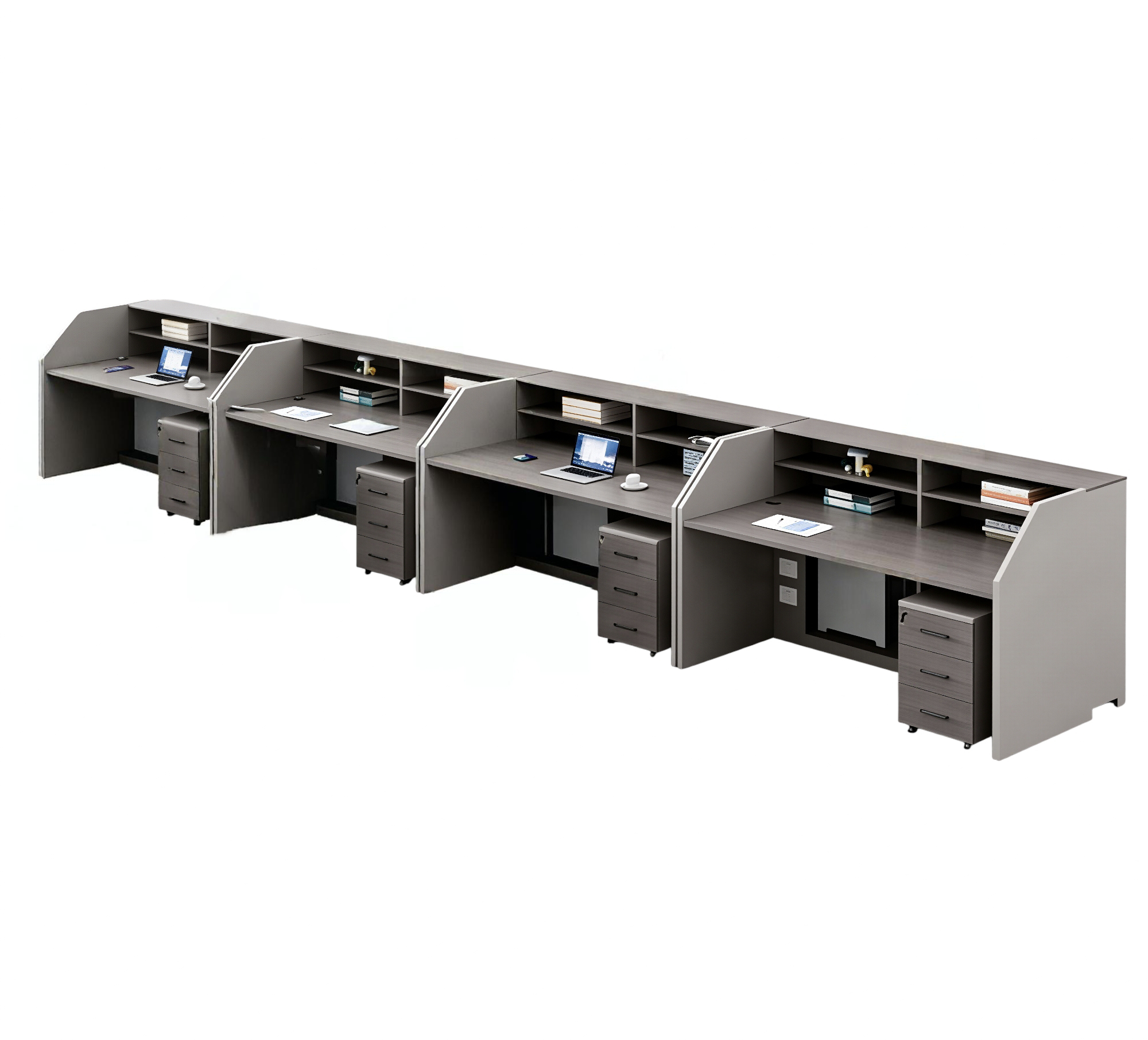 Open Plan Office Workstations with Privacy Partitions and Under-Desk Storage