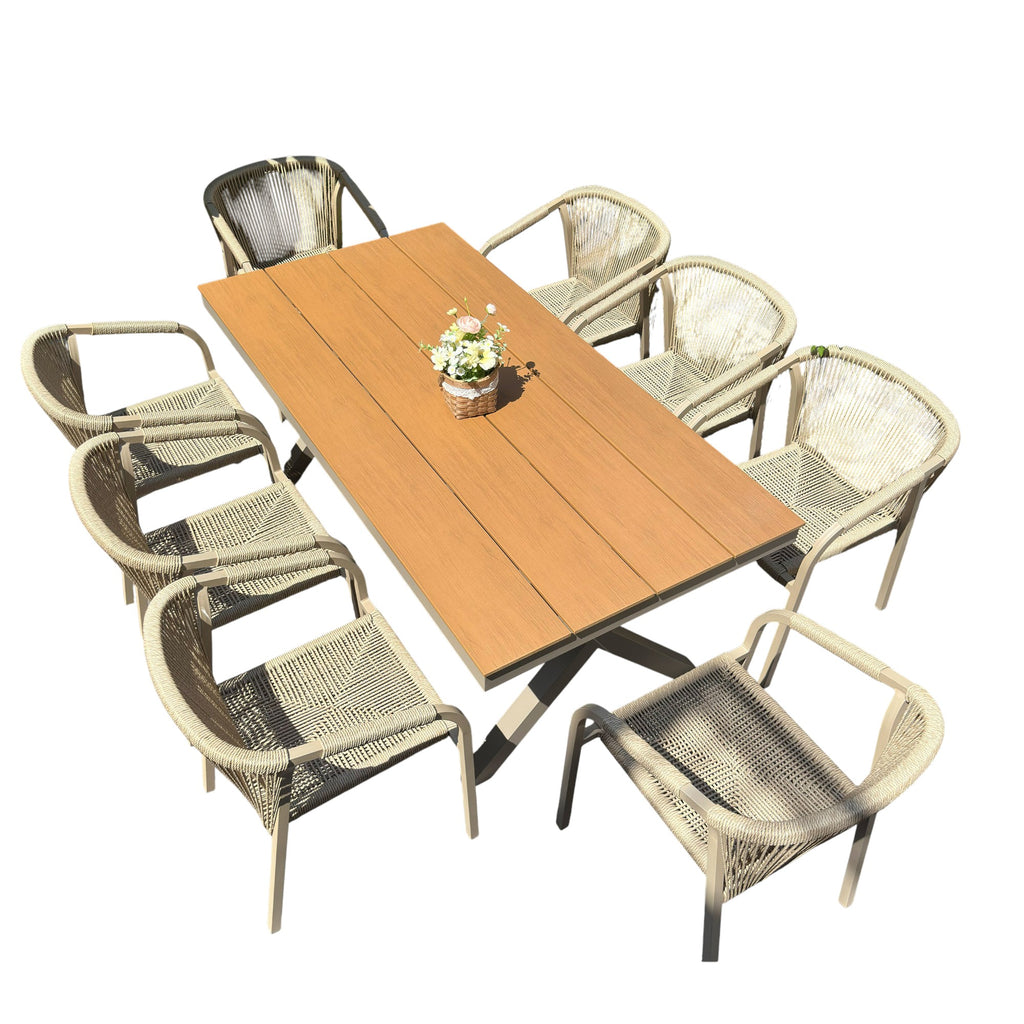 Outdoor Rope-Weave Dining Set With Timber-Look Table