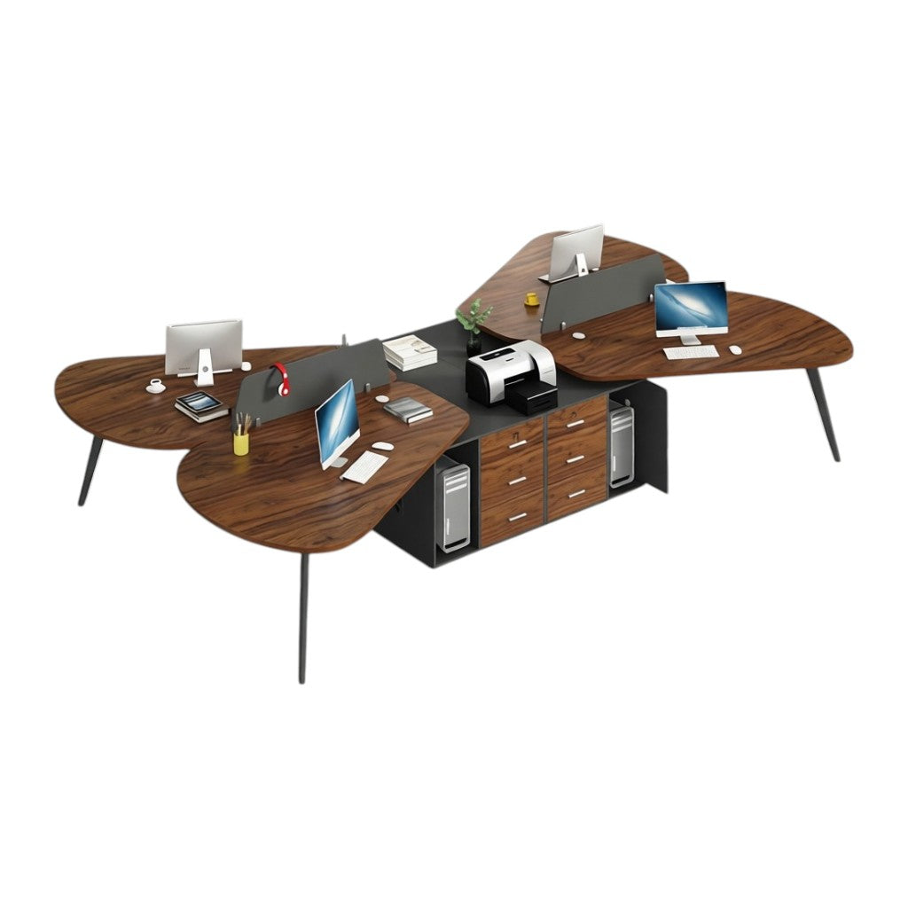 Modern Butterfly-Shaped Office Workstation Desk with Central Storage and Privacy Divider Screen