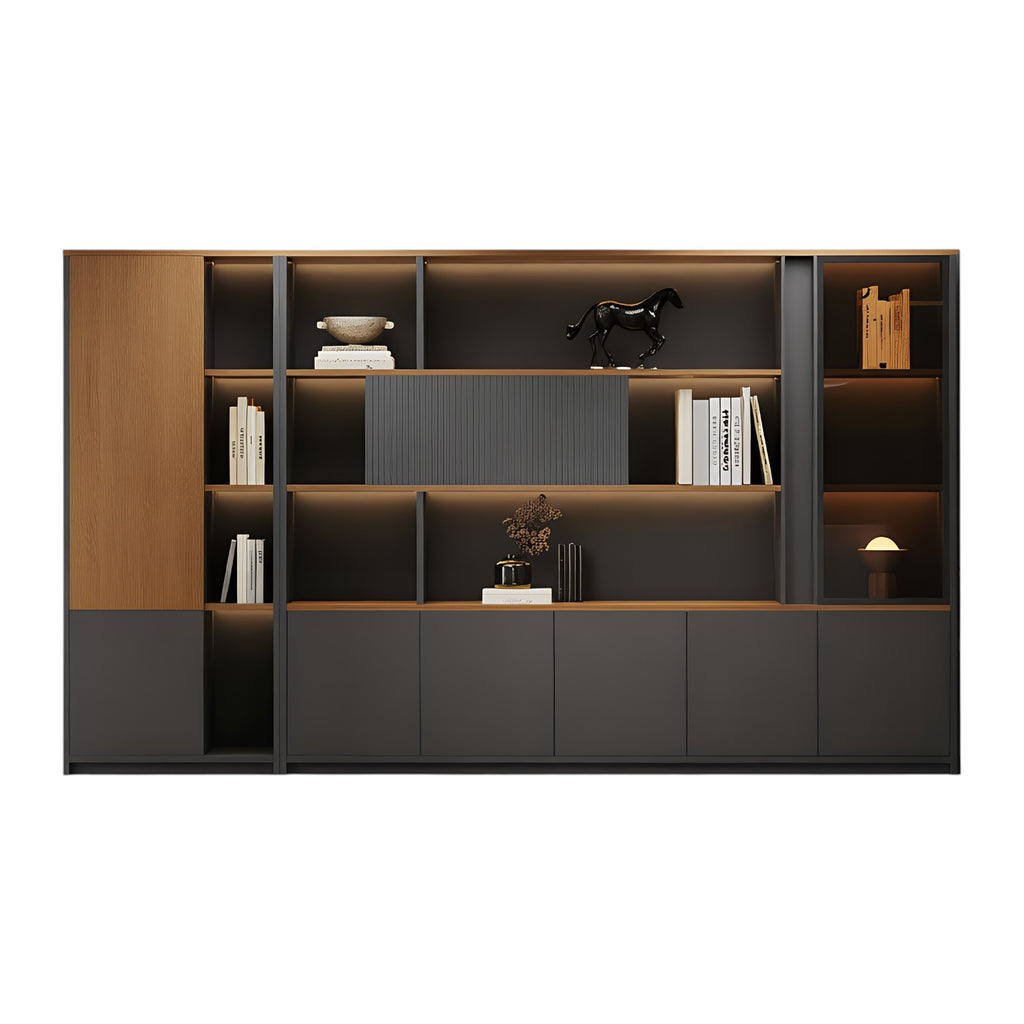 Modern Executive Office Storage Cabinet with Open Shelves and LED Display Lighting