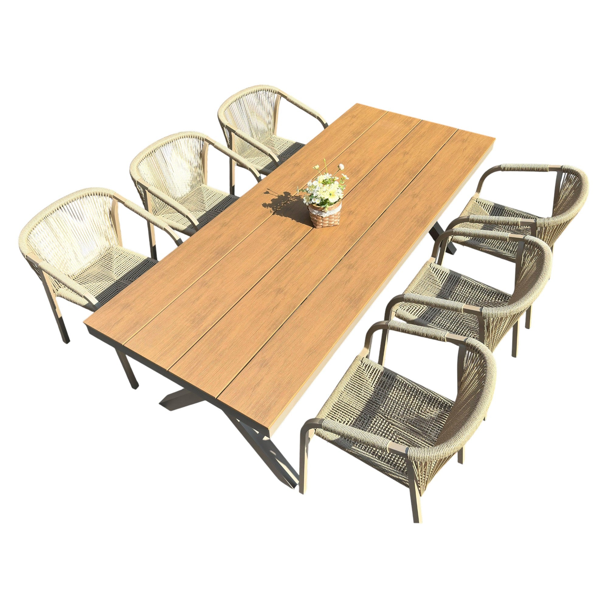 Outdoor Rope-Weave Dining Set With Timber-Look Table