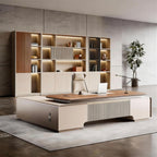 Contemporary Timber Executive Desk with Slatted Front and Matching Storage Wall