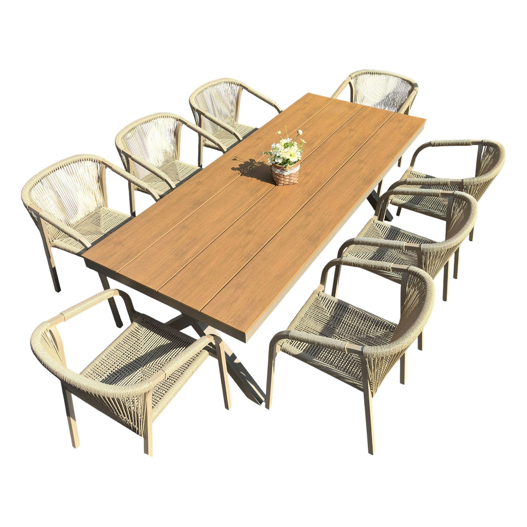 Outdoor Rope-Weave Dining Set With Timber-Look Table