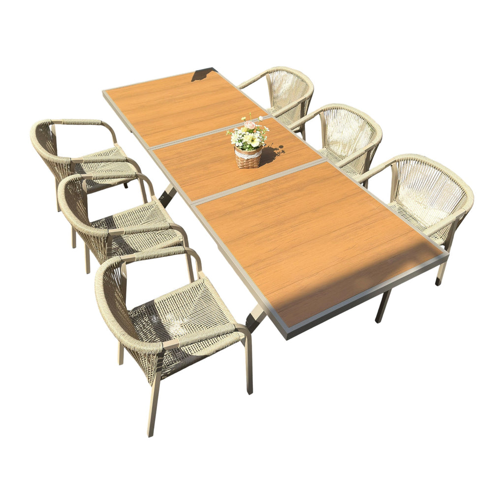 Outdoor Rope-Weave Dining Set With Timber-Look Table