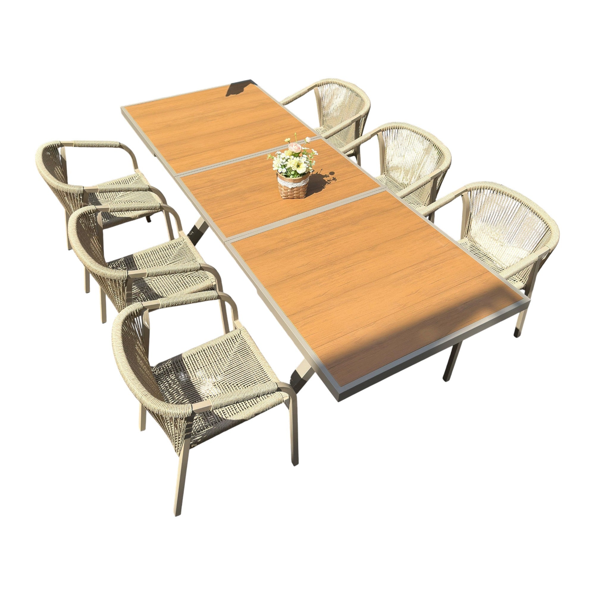 Outdoor Rope-Weave Dining Set With Timber-Look Table